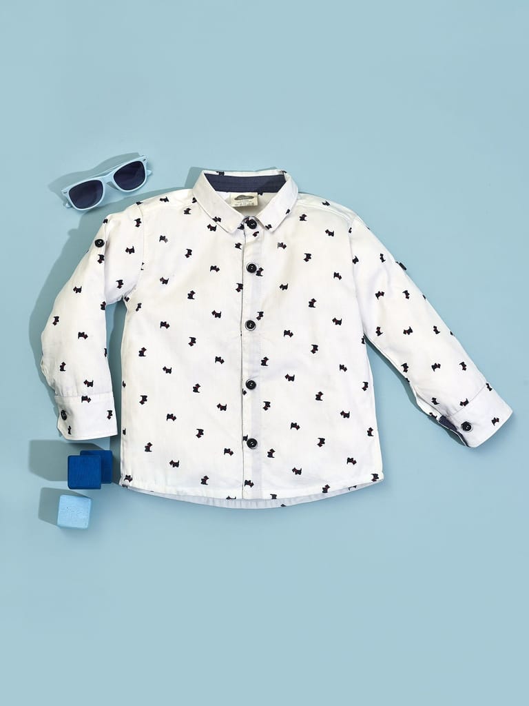 Mi Arcus Cotton Printed Full Sleeve White Shirt for Boys