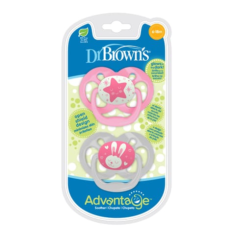 Dr. Brown's Advantage Glow in The Dark 2 Piece Stage 2 Pacifier (Pack of 2, Pink)