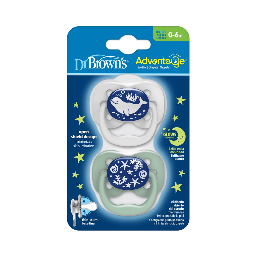 Dr. Brown's Advantage Glow in The Dark 2 Piece Stage 1 Pacifier (Pack of 1, Blue)