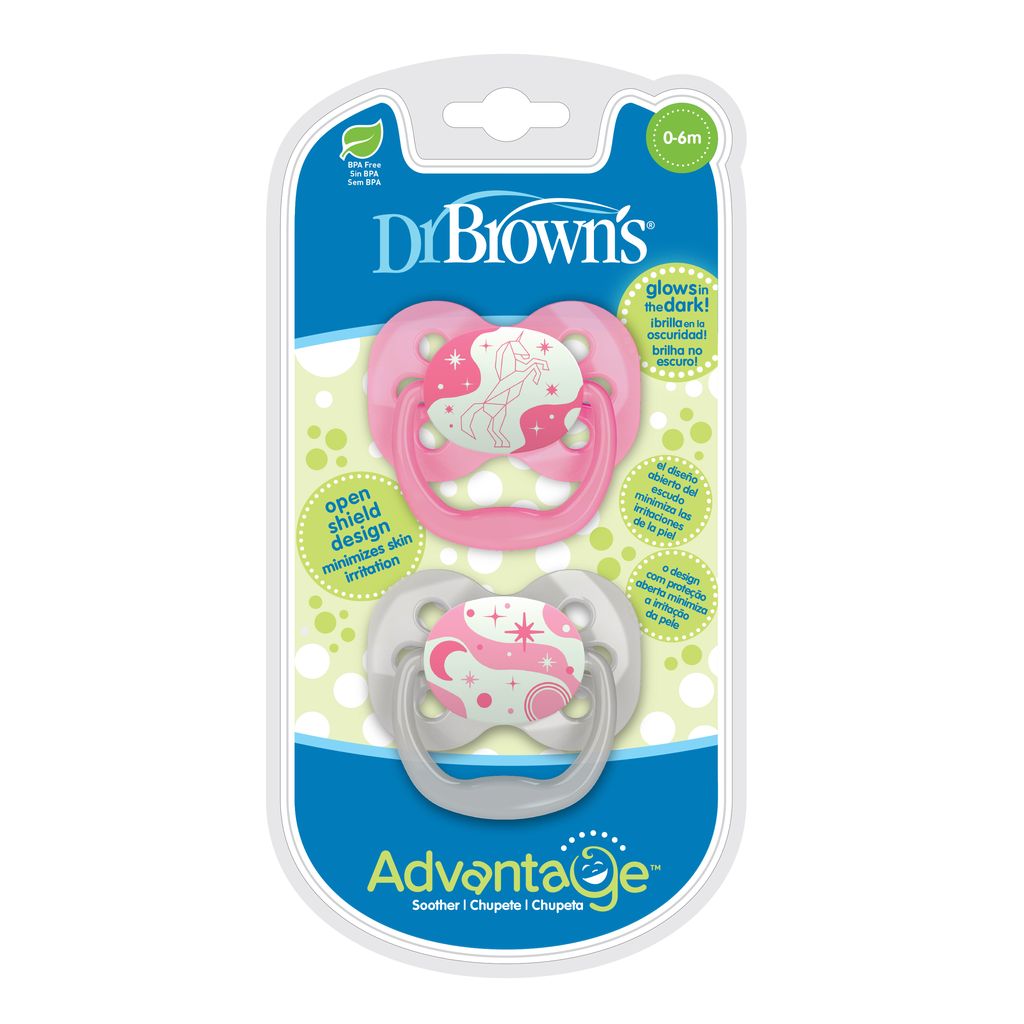 Dr. Brown's Advantage Glow in The Dark 2 Piece Stage 1 Pacifier (Pack of 1, Pink)