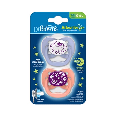 Dr. Brown's Advantage Glow in The Dark 2 Piece Stage 1 Pacifier (Pack of 1, Pink)