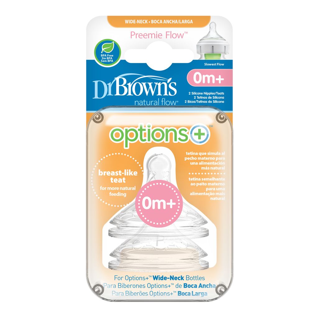 Dr. Brown's Preemie Flow Wide-Neck Silicone Options+ Nipple, 2-Pack