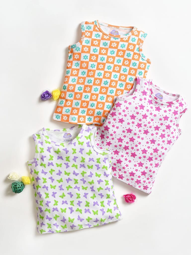 Mi Arcus Cotton Printed Sleeveless Tshirt for Kids Pack of 3