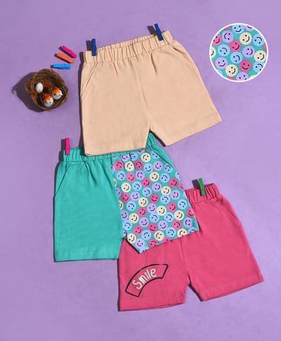 Mi Arcus Smile Print Regular Fit Shorts for Kids Pack of 3