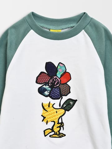 Mi Arcus Raglan Sleeve Peanuts Printed Green T-shirt for Kids