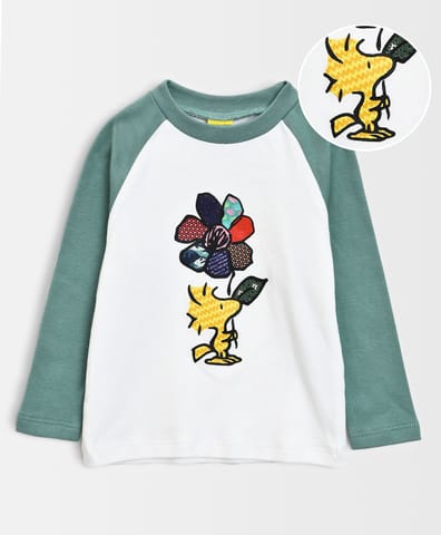 Mi Arcus Raglan Sleeve Peanuts Printed Green T-shirt for Kids