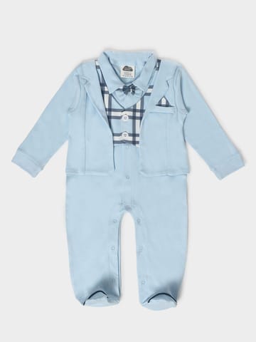 Mi Arcus Sky Blue Solid Cotton Sleepsuit with Booties for Kids