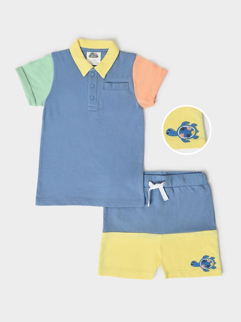 Mi Arcus Blue Collar Tshirt with Short Set for Kids