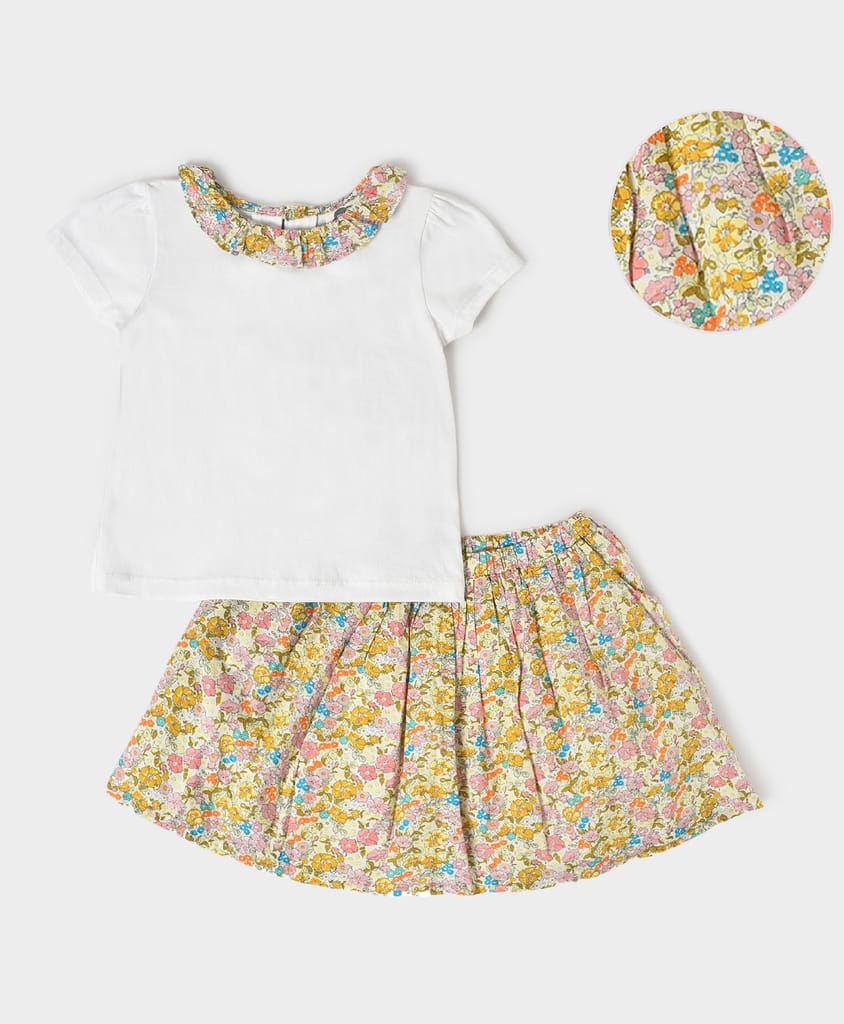 Mi Arcus White Yellow Printed Top with Skirt for Girls