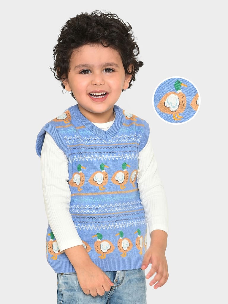 Mi Arcus Blue Knitted V Neck Sleeveless Sweater for Kids