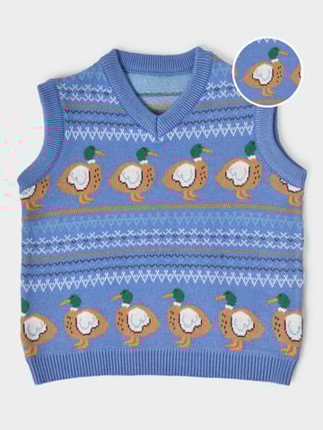 Mi Arcus Blue Knitted V Neck Sleeveless Sweater for Kids