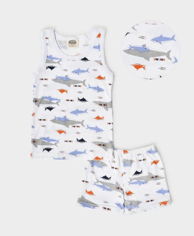 Mi Arcus Shark Print Sleeveless Vest with Shorts Set for Kids