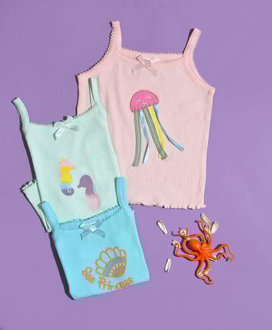 Mi Arcus Sea World Printed Cotton Camisole for Girls Pack of 3