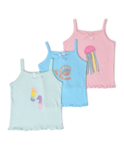 Mi Arcus Sea World Printed Cotton Camisole for Girls Pack of 3