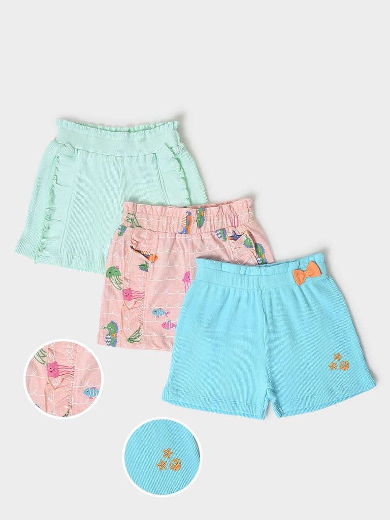 Mi Arcus Sea Animal Print Shorts for Girls Pack of 3