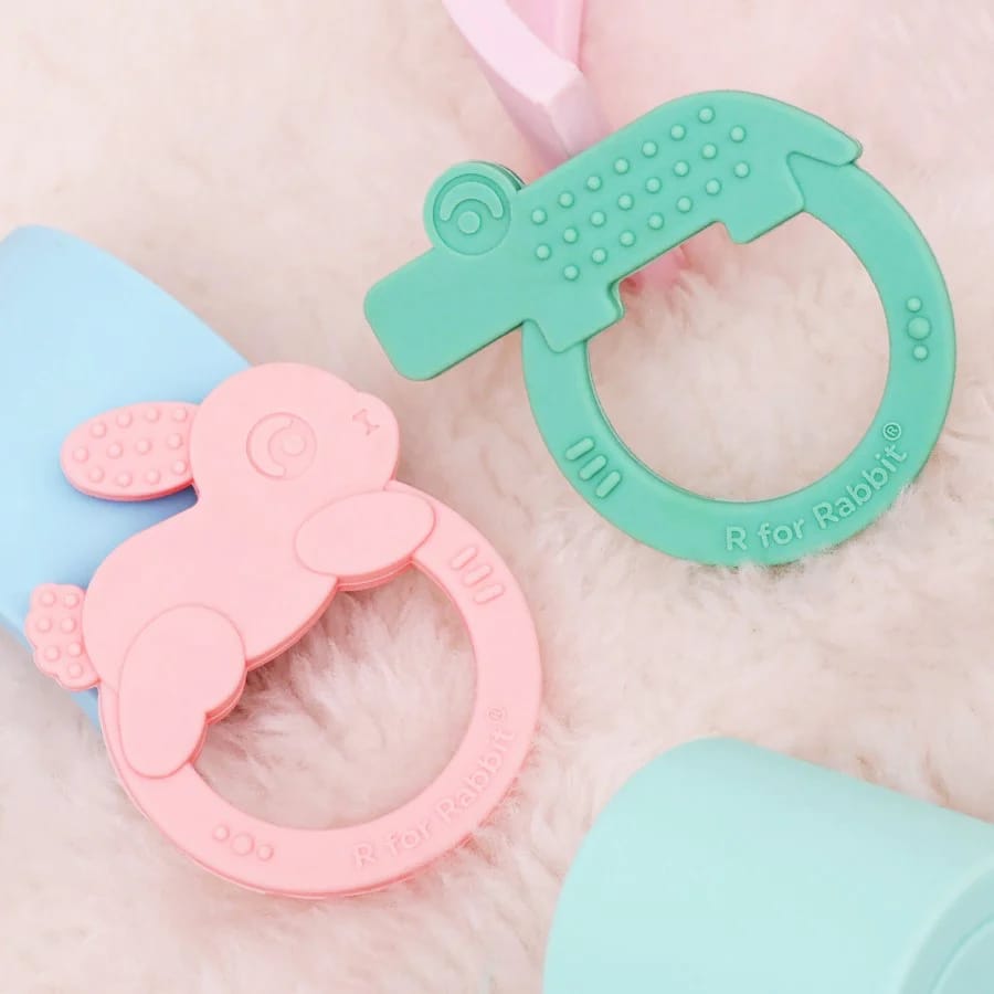 R For Rabbit Tiny Bites Zoobie Baby Silicone Teethers Pack of 2 Elephant and Rabbit, Crocodile and Rabbit, Green-Pink