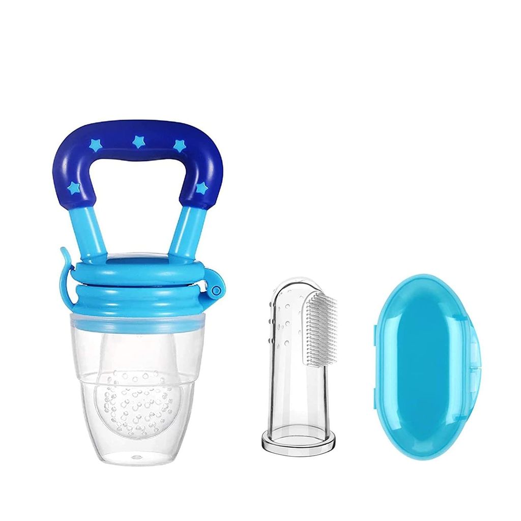 Safe O Kid 1 Fruit Nibbler & 1 Finger Brush for Kids, 0-24 Months, ( Blue/ Blue)