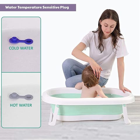 Safe-O-Kid Baby Foldable Bathtub with Temperature Sensitive Plug with 1 Hair Washing Mug