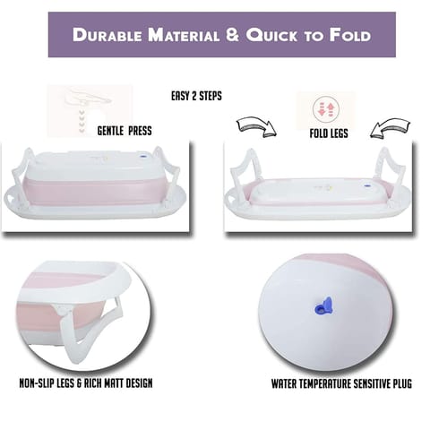 Safe-O-Kid Baby Foldable Bathtub with Temperature Plug with 1 No Tear & Adjustable Shampoo Hat