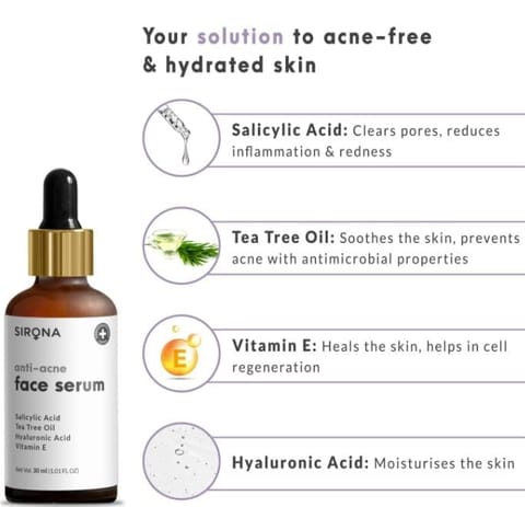 Anti Acne Face Serum - 30 ml with Tee Tree Oil, Salicylic Acid, Hyaluronic Acid and Vitamin E