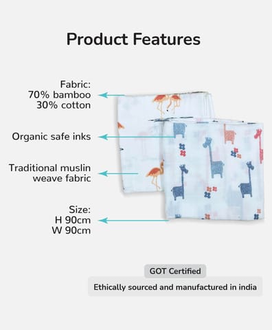 TinyLane 100% Organic Bamboo Cotton Muslin Baby Swaddle Wrappers Flamingo & Giraffe Print Pack of 2- Multicolor