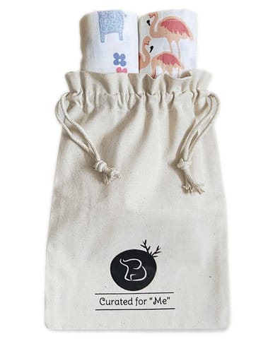 TinyLane 100% Organic Bamboo Cotton Muslin Baby Swaddle Wrappers Flamingo & Giraffe Print Pack of 2- Multicolor