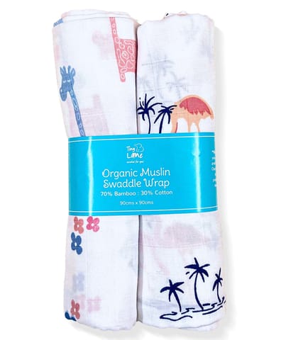 TinyLane 100% Organic Bamboo Cotton Muslin Baby Swaddle Wrappers Flamingo & Giraffe Print Pack of 2- Multicolor