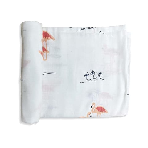 TinyLane 100% Organic Bamboo Cotton Muslin Baby Swaddle Wrapper Flamingo Print - Multicolor