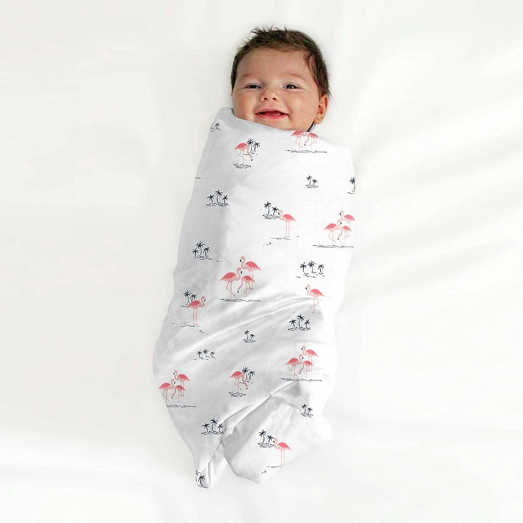 TinyLane 100% Organic Bamboo Cotton Muslin Baby Swaddle Wrapper Flamingo Print - Multicolor
