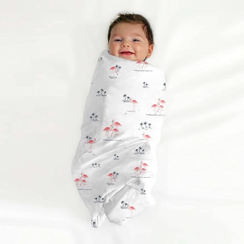 TinyLane 100% Organic Bamboo Cotton Muslin Baby Swaddle Wrapper Flamingo Print - Multicolor