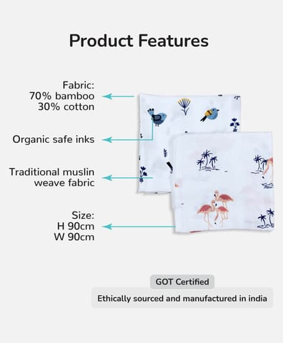 TinyLane 100% Organic Bamboo Cotton Muslin Baby Swaddle Wrappers Bird & Flamingo Print Pack of 2- Multicolor