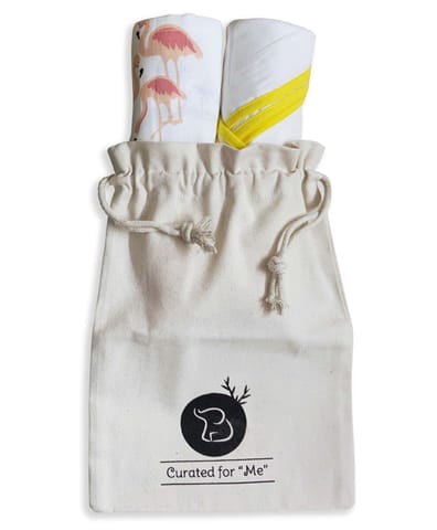 TinyLane 100% Organic Bamboo Cotton Muslin Baby Swaddle Wrappers Flamingo & Classic White Print Pack of 2- Multicolor