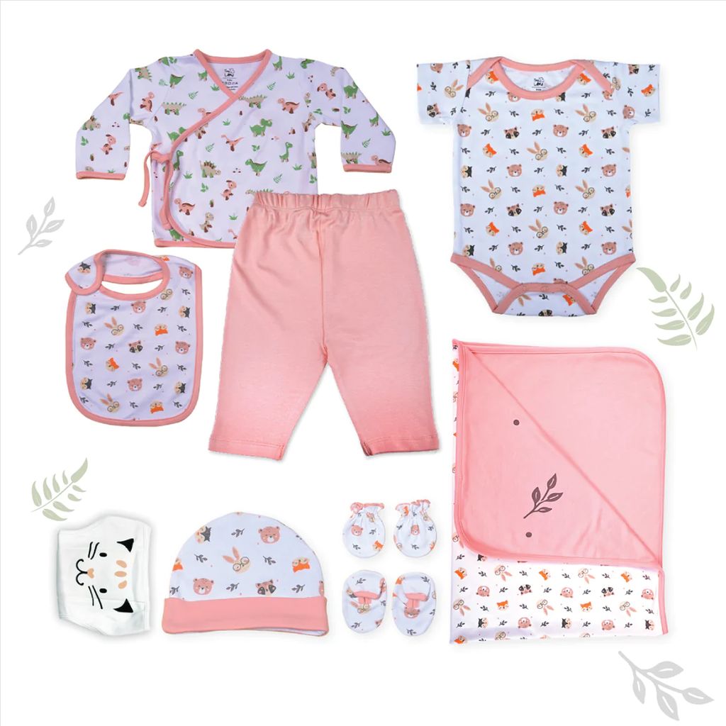 Tiny Lane Tiny Wild Series Infant Gift Set | Pack of 9 - Jhabla, Legging, Onesie, C/B/M, Bib, Blanket, Nappy