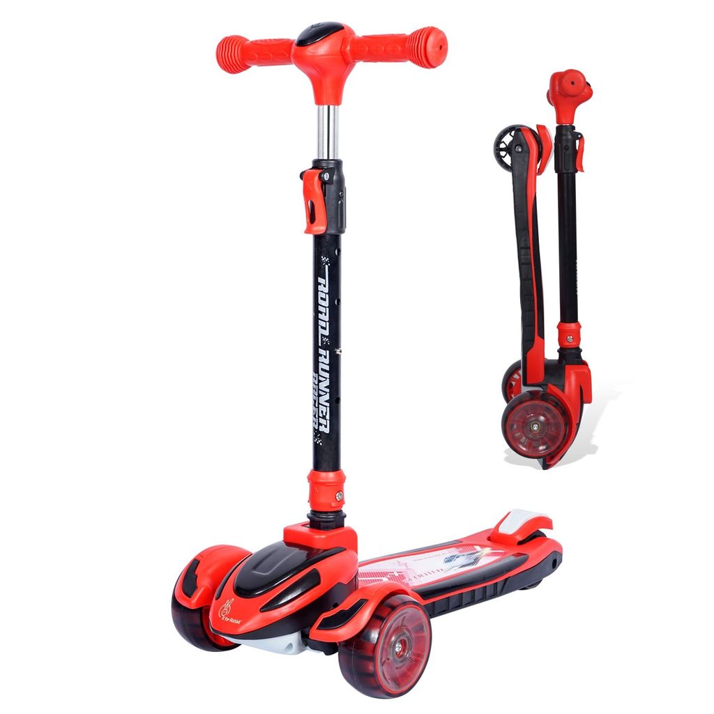R for Rabbit Road Runner Racer Scooter - PU LED Wheels, 4 Level Height Adjustment, Anti Slip Deck Red Black