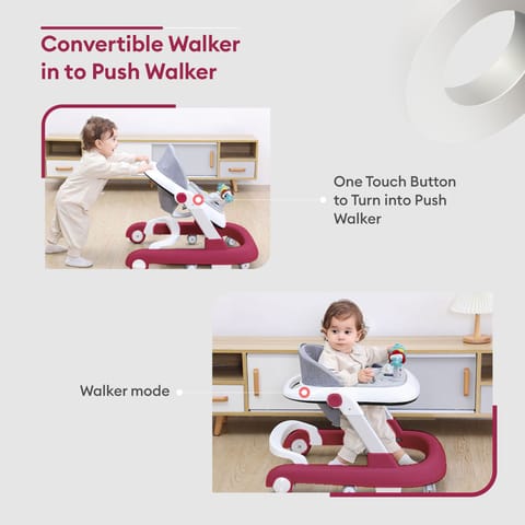 R for Rabbit Little Feet Walker - Detachable Toy Bar/Meal Tray With Music & Light, 2 Level Height/4 Level Seat Adjustment, Anti fall Brake Pads Red