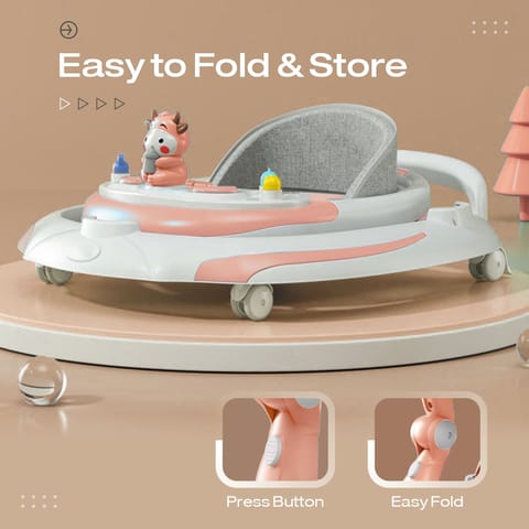 R for Rabbit Little Feet Plus Walker - Detachable Toy Bar/Meal Tray With Music & Light, 3 Level Height/4 Level Seat Adjustment Pink