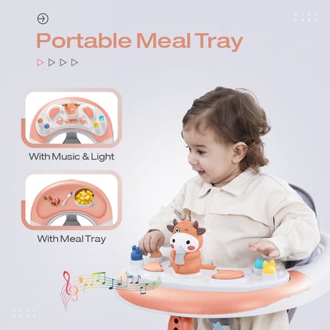 R for Rabbit Little Feet Plus Walker - Detachable Toy Bar/Meal Tray With Music & Light, 3 Level Height/4 Level Seat Adjustment Pink