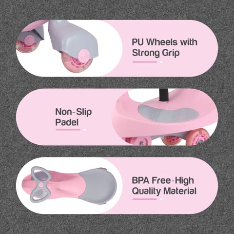R for Rabbit Iya Iya Ace Swing Car - Non-Sliped Paddel, PU LED Wheels, Up To 85 Kgs Capacity Pink