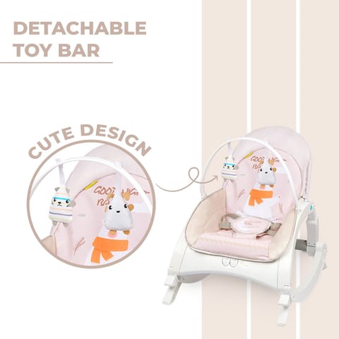 R for Rabbit 3 In 1 Rock N Play Rocker - Adjustable Backrest Recline, Detachable Toy Bar, Soothing Music & Vibration Cream Grey