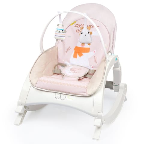 R for Rabbit 3 In 1 Rock N Play Rocker - Adjustable Backrest Recline, Detachable Toy Bar, Soothing Music & Vibration Cream Grey