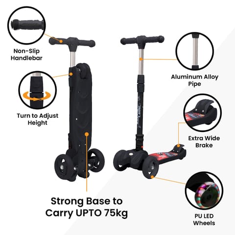 R for Rabbit Road Runner Scooter - PU LED Wheels, 4 Level Height Adjustment, Anti Slip Deck Black