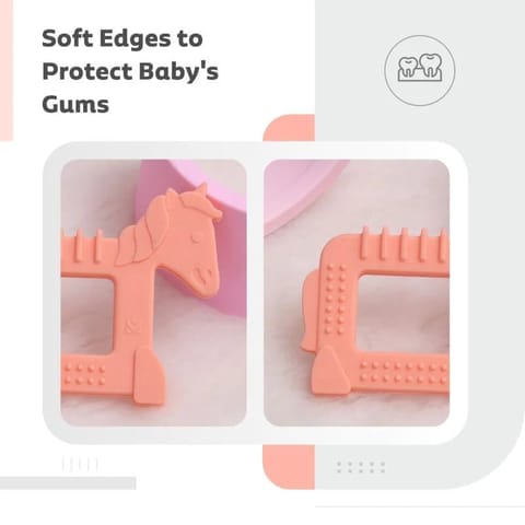R for Rabbit Tiny Bites Safari - Cute Baby Silicone Teether - Elephant Blue + Horse Orange