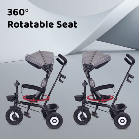 R for Rabbit Tiny Toes T40 Plus Tricycle - Rubber Wheels, 360 Rotatable Seat, Adjustable Canopy, Parental Control, Front & Rear Baskets Grey Black