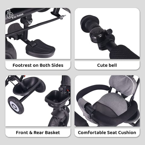 R for Rabbit Tiny Toes T40 Plus Tricycle - Rubber Wheels, 360 Rotatable Seat, Adjustable Canopy, Parental Control, Front & Rear Baskets Grey Black