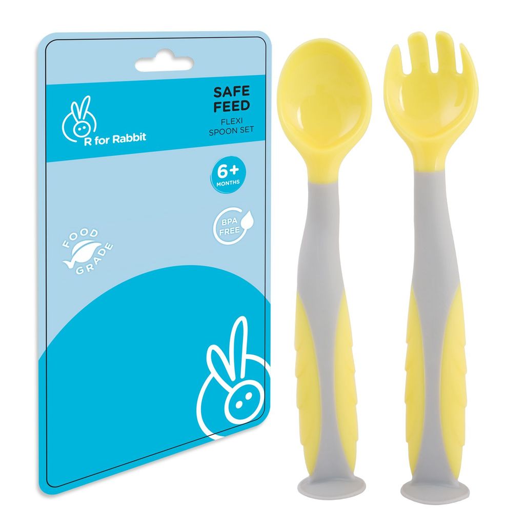 R for Rabbit Safe Feed Flexi Spoon Set For Baby Yellow Grey
