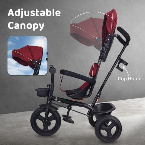 R for Rabbit Tiny Toes T40 Ace Tricycle - EVA Wheels, 360 Rotatable Seat, Adjustable Canopy, Parental Control, Front & Rear Baskets Maroon Black