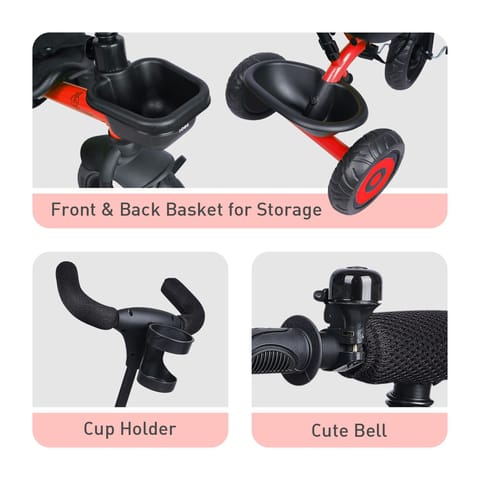 R for Rabbit Tiny Toes T20 Plus Tricycle - 2 In 1, Rubber Wheels, Adjustable Parental Control, Cup Holder Red
