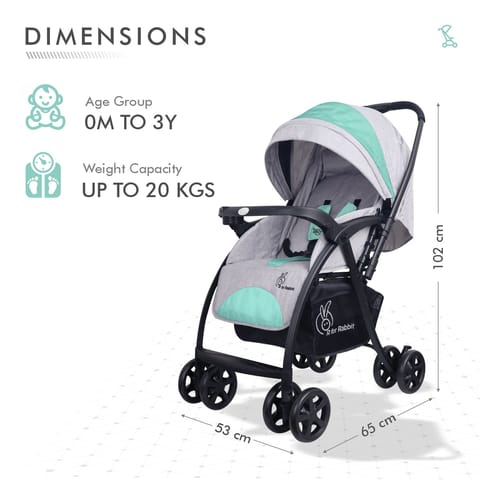 R for Rabbit Sugar Pop Stroller - 3 Position Seat Recline, Easy One Hand Fold, Reversible Handle, UV Resistant Sun Canopy Green Grey