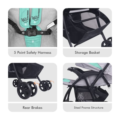 R for Rabbit Sugar Pop Stroller - 3 Position Seat Recline, Easy One Hand Fold, Reversible Handle, UV Resistant Sun Canopy Green Grey