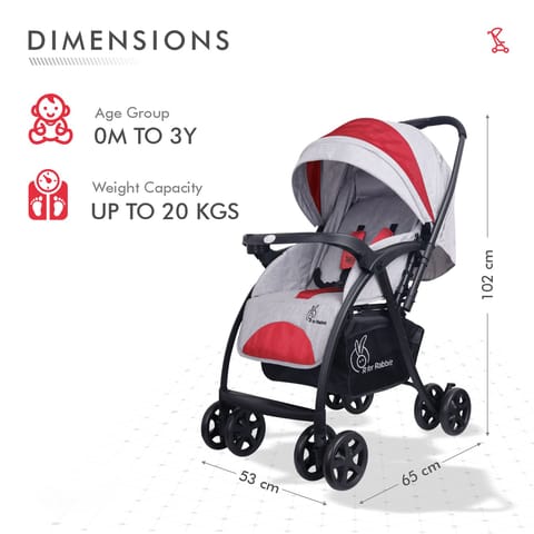 R for Rabbit Sugar Pop Stroller - 3 Position Seat Recline, Easy One Hand Fold, Reversible Handle, UV Resistant Sun Canopy Red Grey